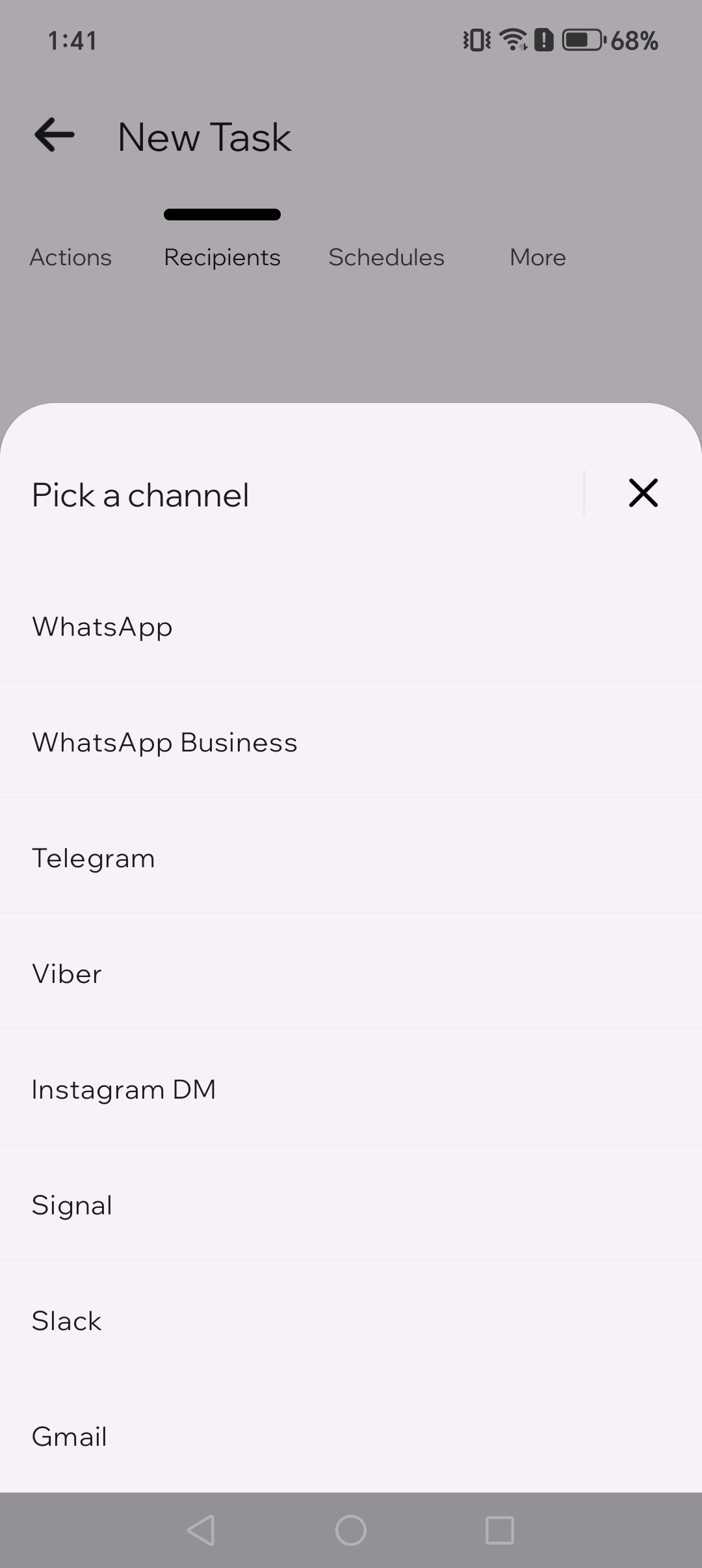 Channel selection picker showing WhatsApp and other apps