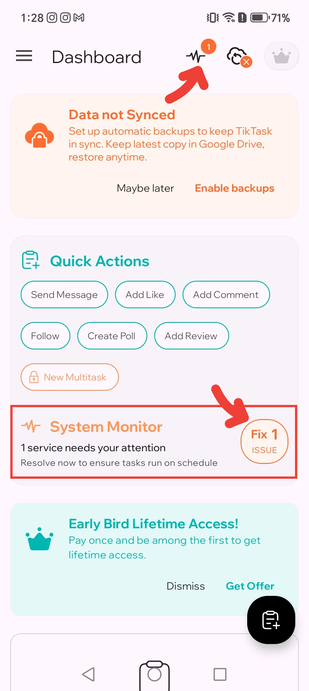 TikTask dashboard showing System Monitor with issues highlighted
