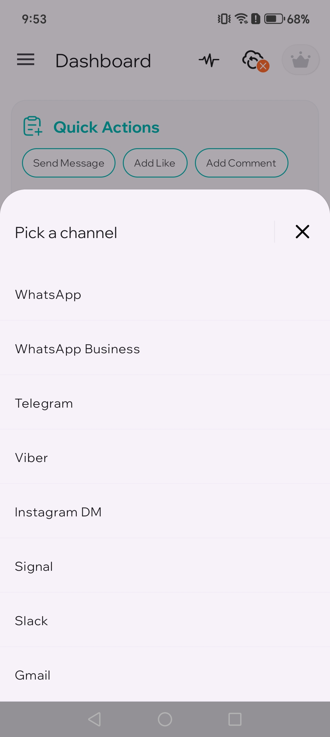 Channel selection picker showing WhatsApp option
