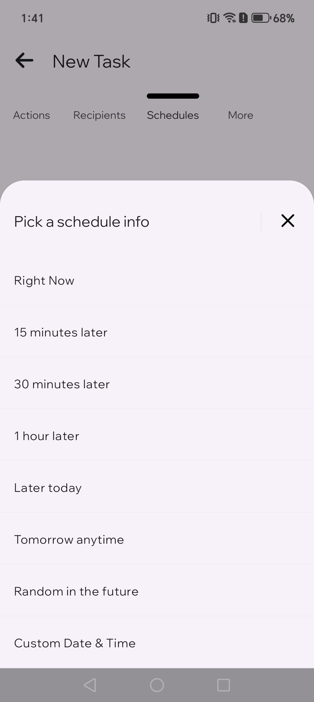 Schedule info selection list showing different options